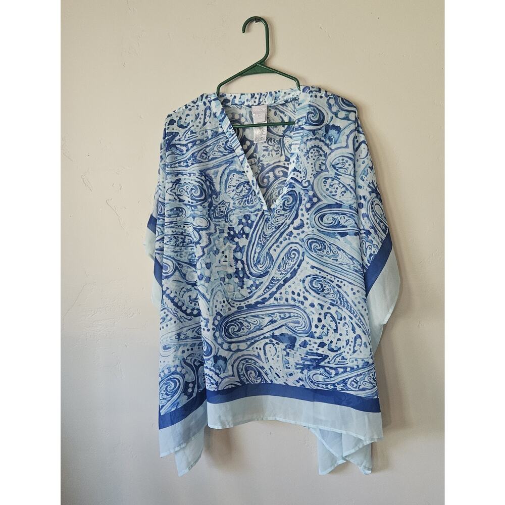 Chicos Top Womens L / XL Sheer Flowy BLUE Paisy Kimono Swim Beach Travel Top - Picture 2 of 6